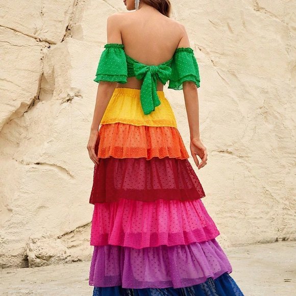 Multicolor Casual Womens Off Shoulder Crop Top & Colorblock Layered Hem Skirt - Picture 3 of 5